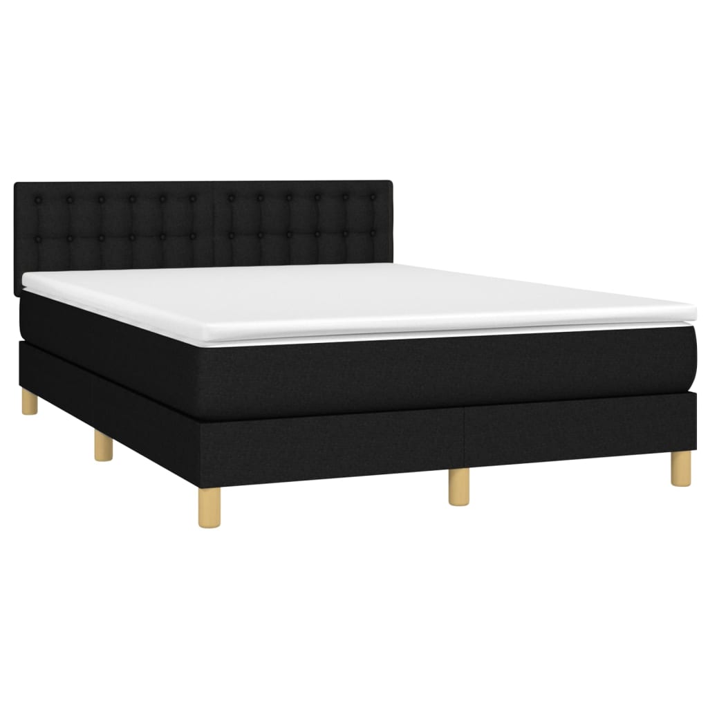 Cama box spring c/ colchão e LED 140x190 cm tecido preto