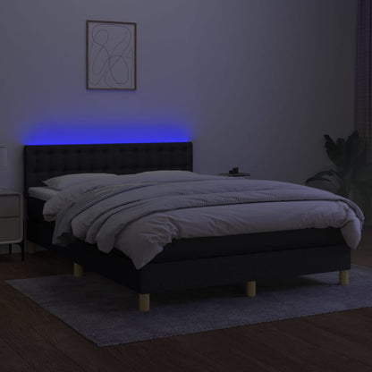 Cama box spring c/ colchão e LED 140x190 cm tecido preto