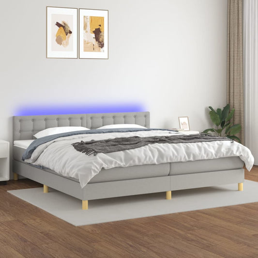 Cama box spring c/ colchão e LED 200x200 cm tecido cinza-claro