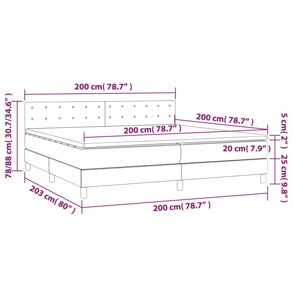 Cama box spring c/ colchão e LED 200x200 cm tecido cinza-escuro