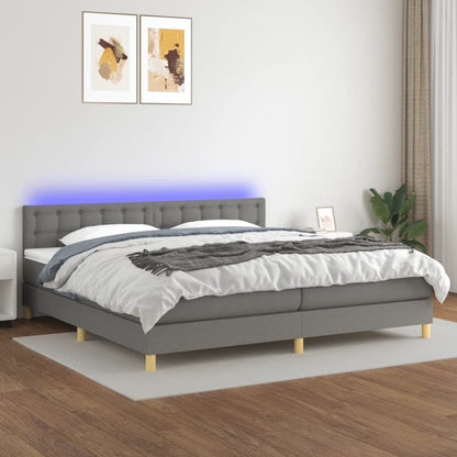 Cama box spring c/ colchão e LED 200x200 cm tecido cinza-escuro