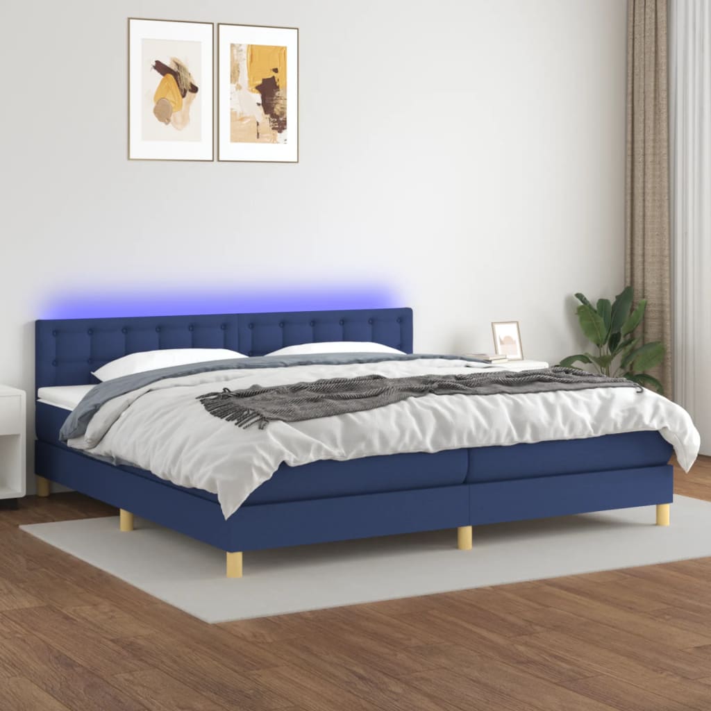 Cama box spring c/ colchão e LED 200x200 cm tecido azul