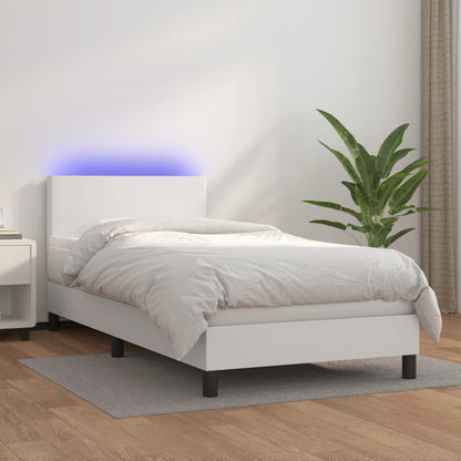 Cama box spring c/ colchão/LED 80x200cm couro artificial branco