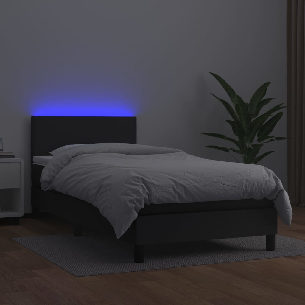 Cama box spring c/ colchão/LED 90x190 cm couro artificial preto