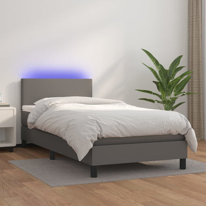 Cama box spring c/ colchão/LED 90x200 cm couro artificial cinza