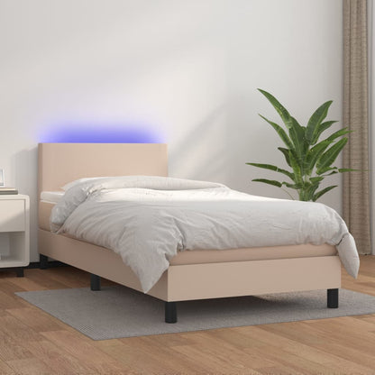 Cama box spring c/ colchão/LED 90x200cm couro artif. cappuccino