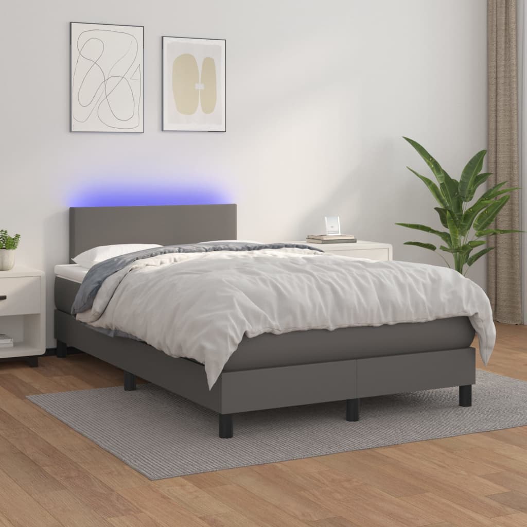 Cama box spring c/ colchão/LED 120x200cm couro artificial cinza