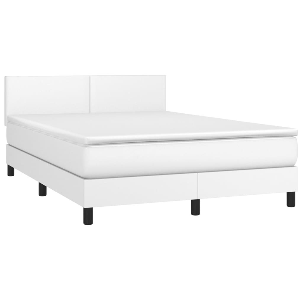 Cama box spring c/colchão/LED 140x190cm couro artificial branco