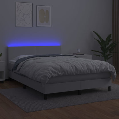 Cama box spring c/colchão/LED 140x190cm couro artificial branco