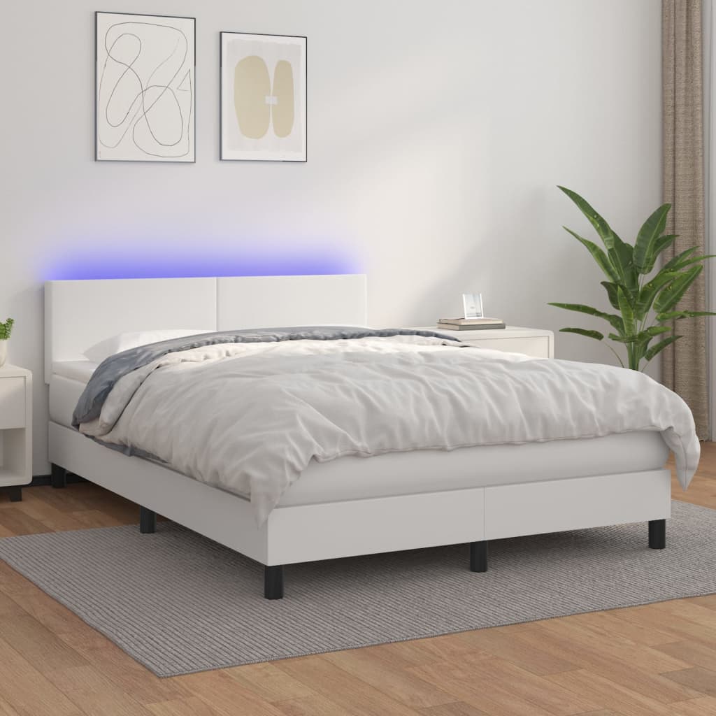 Cama box spring c/colchão/LED 140x190cm couro artificial branco