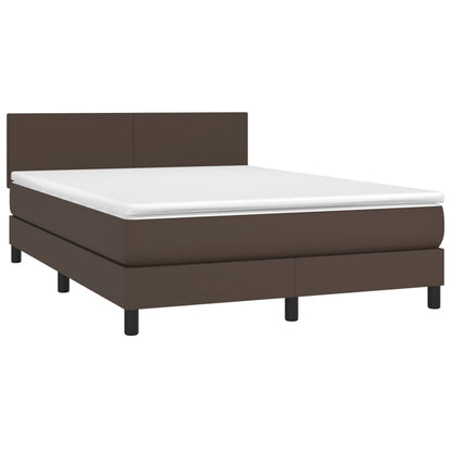 Cama box spring c/ colchão/LED 140x190 cm couro artif. castanho