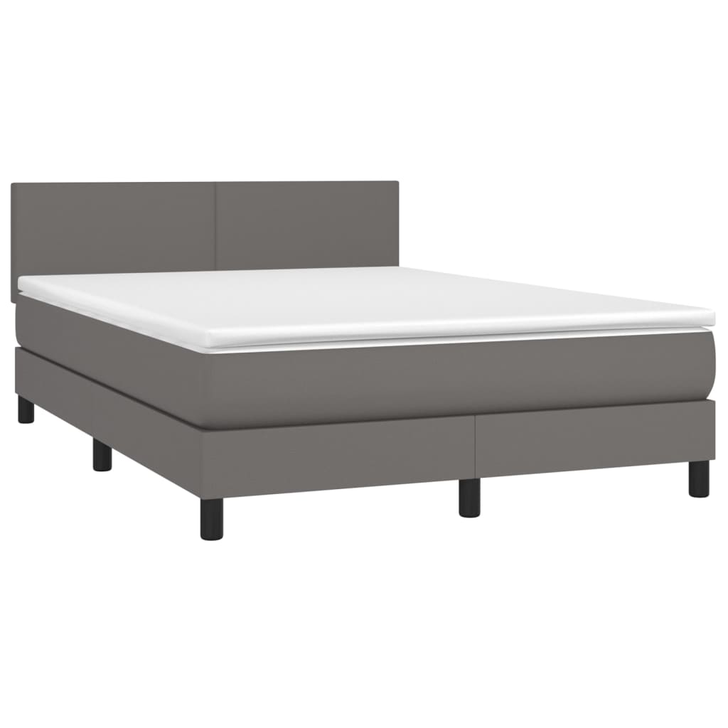 Cama box spring c/ colchão/LED 140x190cm couro artificial cinza