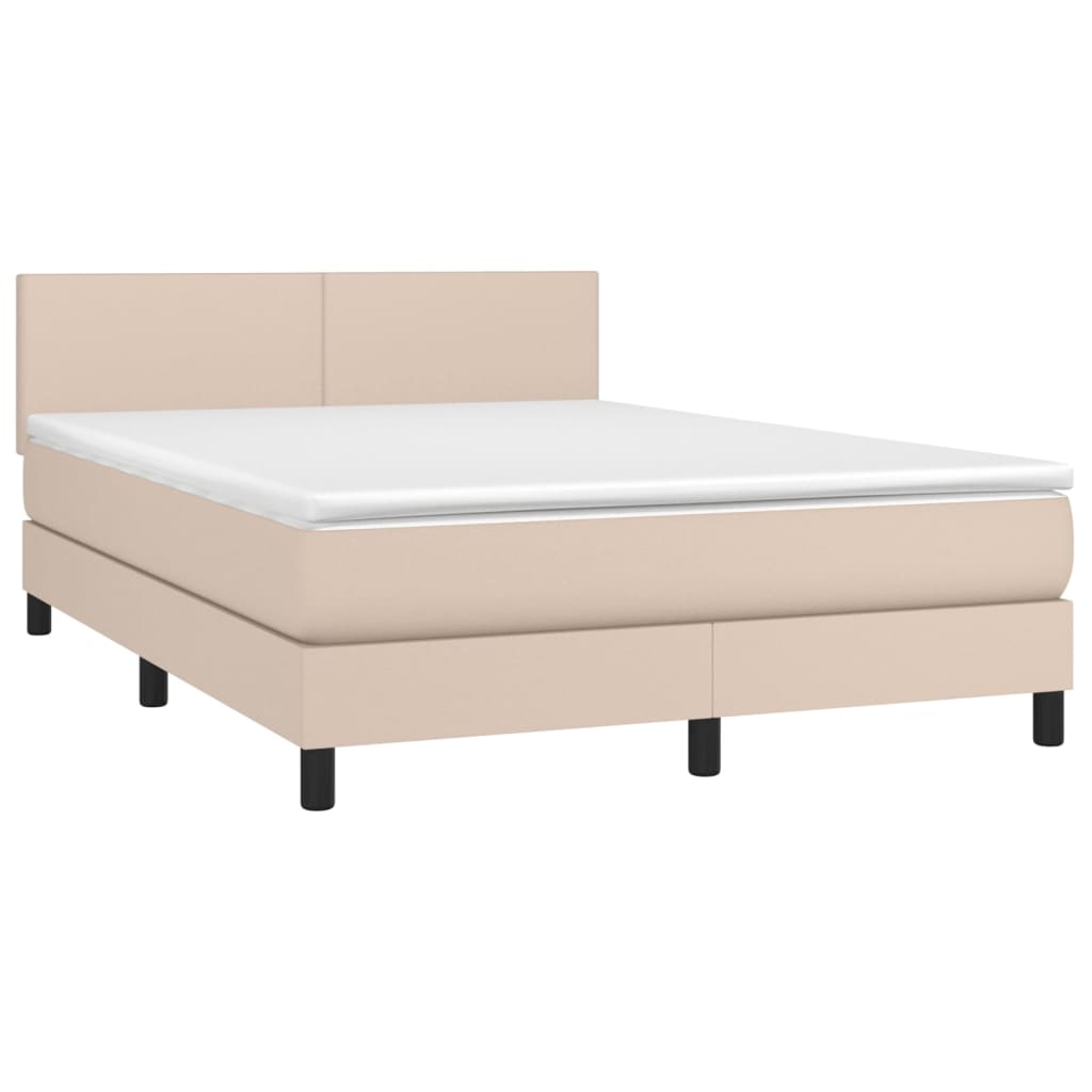 Cama box spring c/colchão/LED 140x190cm couro artif. cappuccino