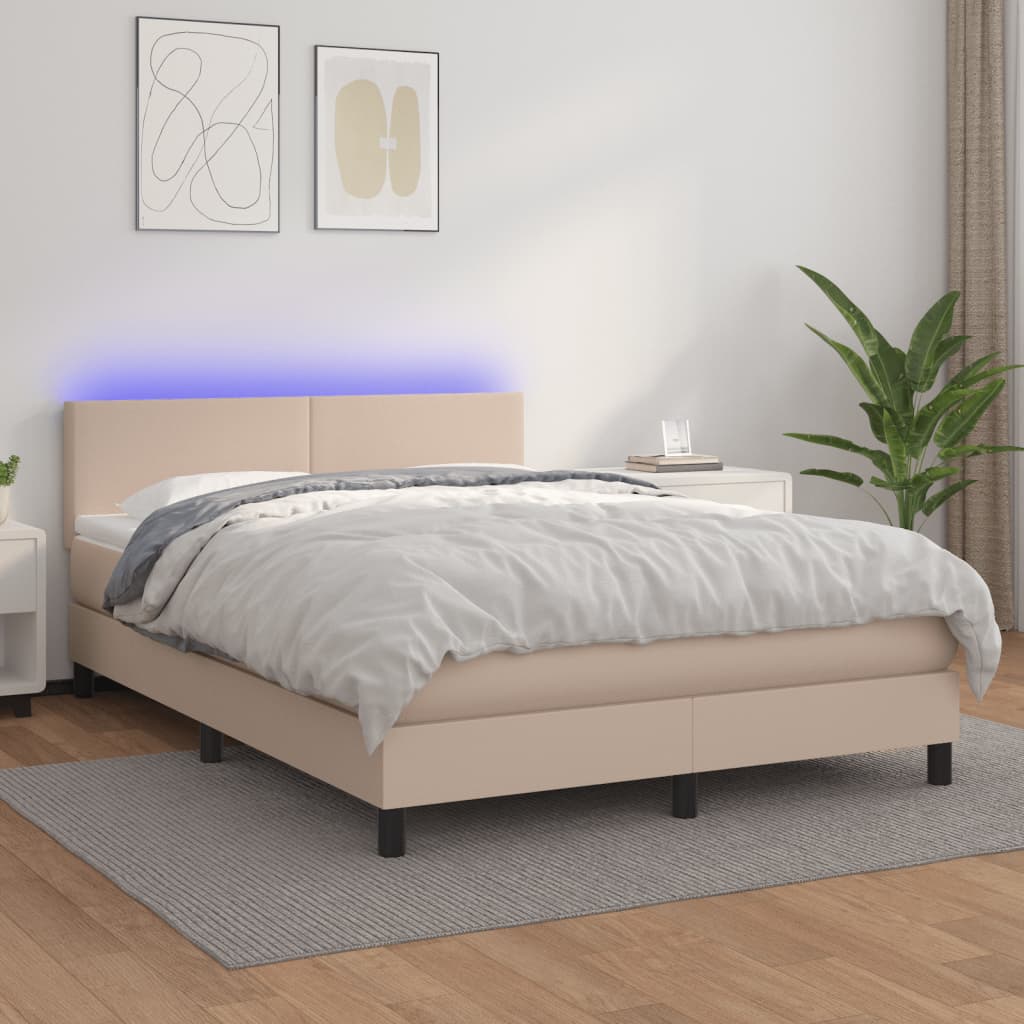 Cama box spring c/colchão/LED 140x190cm couro artif. cappuccino