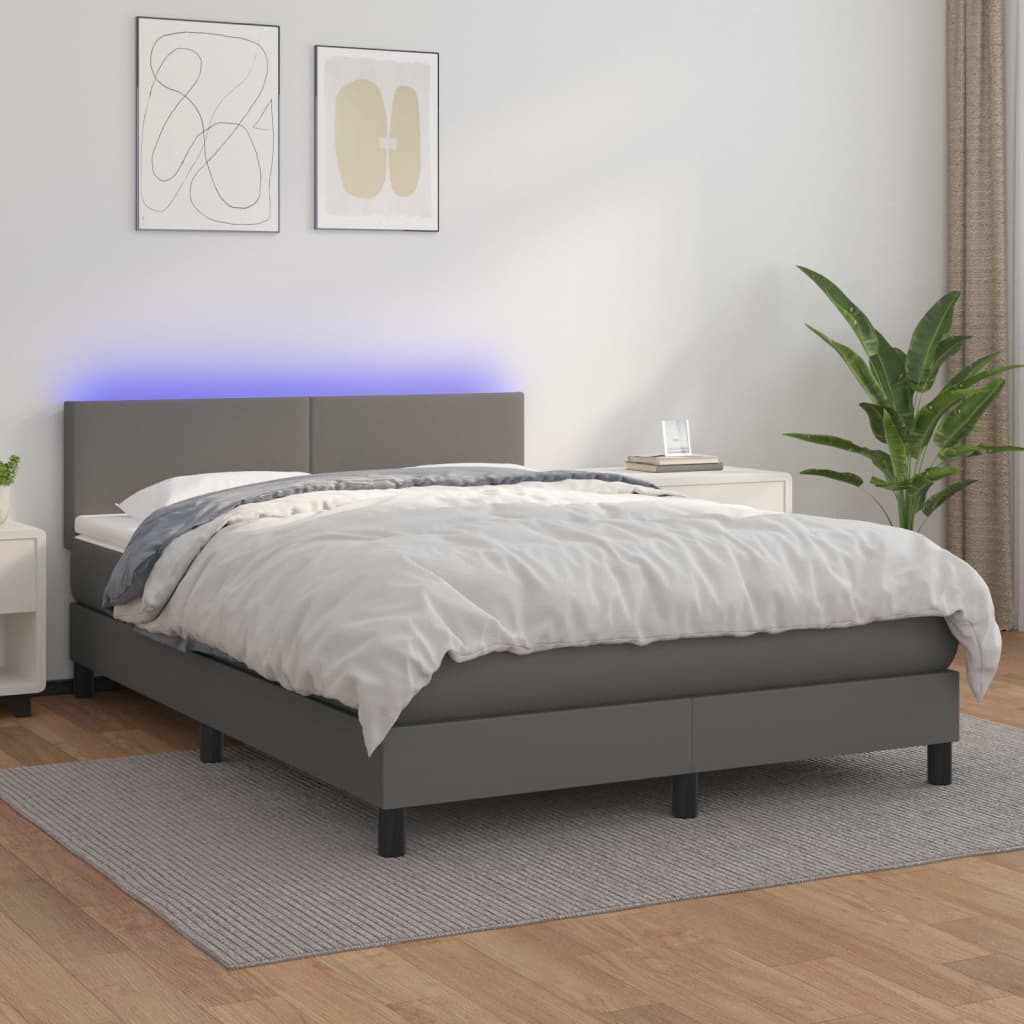 Cama box spring c/ colchão/LED 140x200cm couro artificial cinza