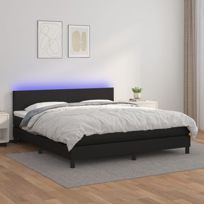 Cama box spring c/ colchão/LED 160x200cm couro artificial preto