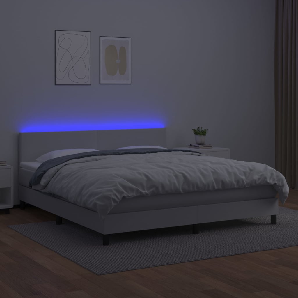 Cama box spring c/colchão/LED 160x200cm couro artificial branco