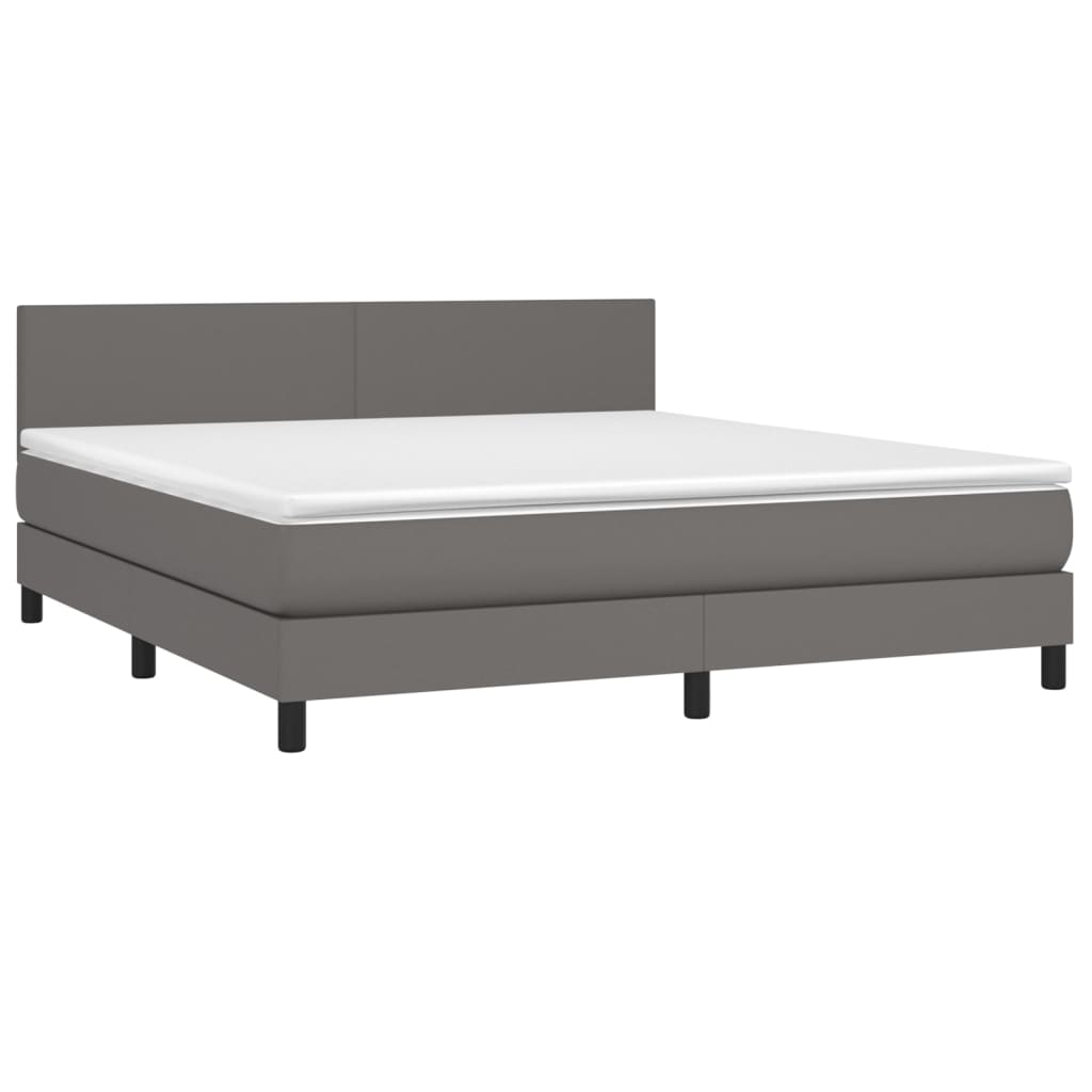 Cama box spring c/ colchão/LED 160x200cm couro artificial cinza