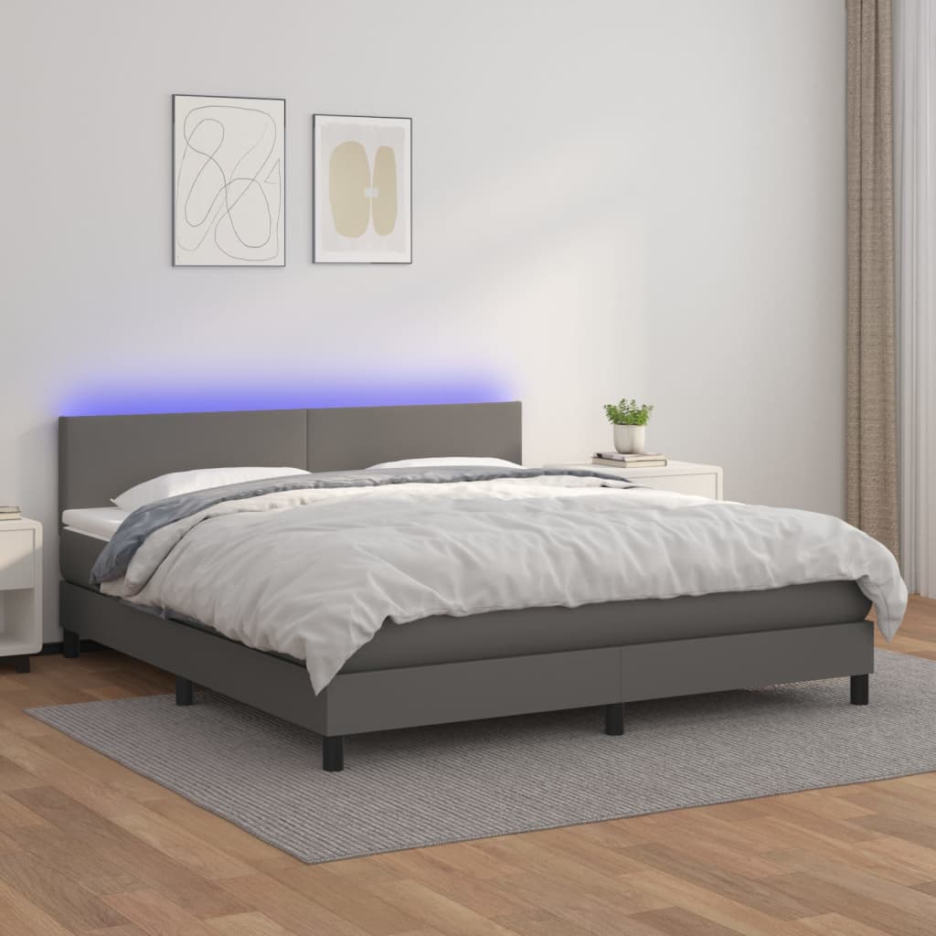 Cama box spring c/ colchão/LED 160x200cm couro artificial cinza