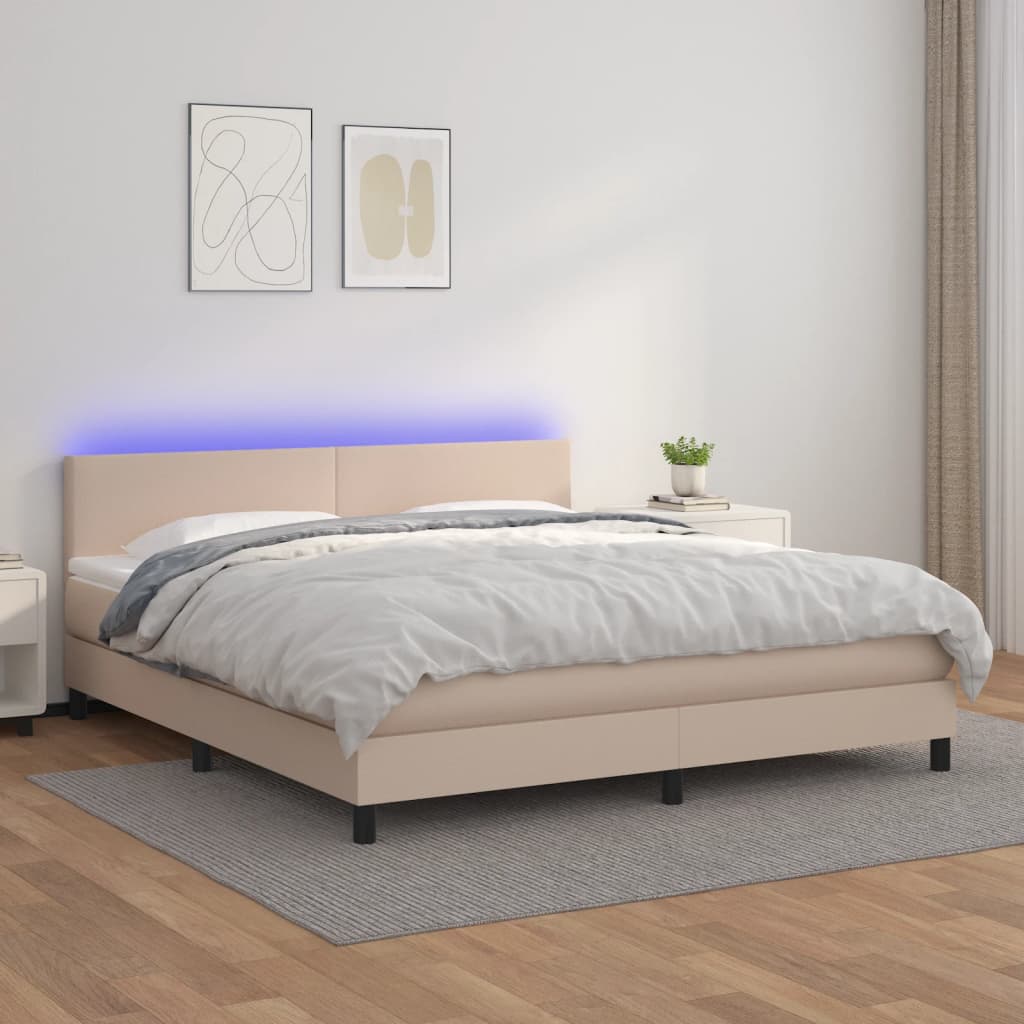 Cama box spring c/colchão/LED 160x200cm couro artif. cappuccino