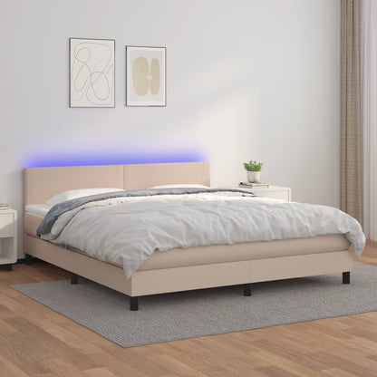 Cama box spring c/colchão/LED 160x200cm couro artif. cappuccino