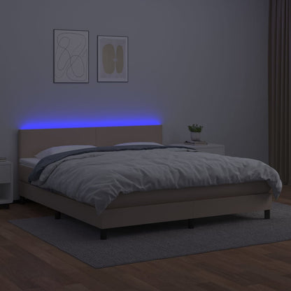 Cama box spring c/colchão/LED 180x200cm couro artif. cappuccino