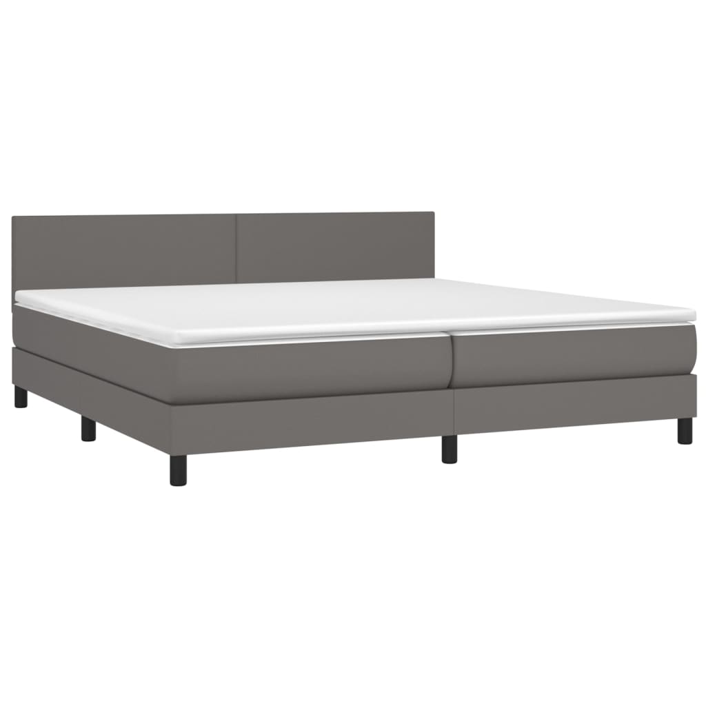 Cama box spring c/ colchão/LED 200x200cm couro artificial cinza