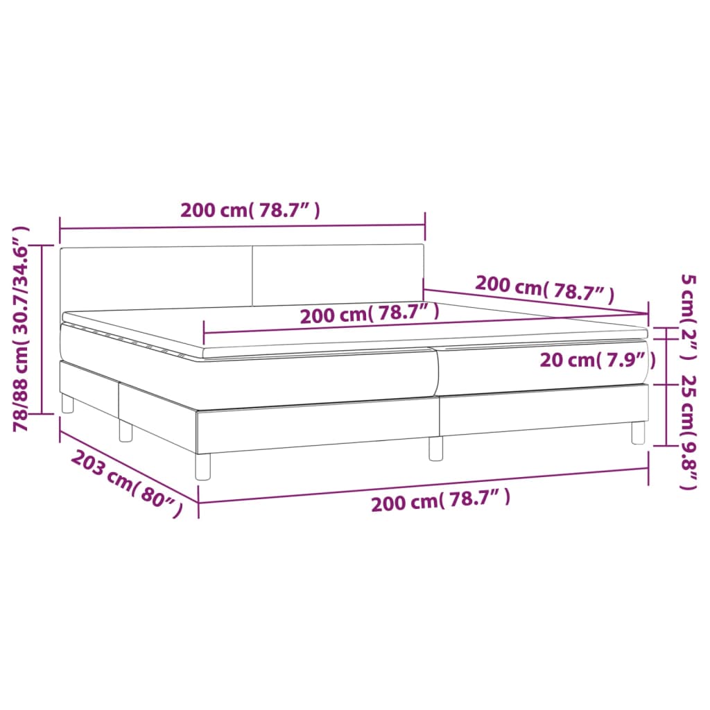 Cama box spring c/ colchão/LED 200x200cm couro artificial cinza