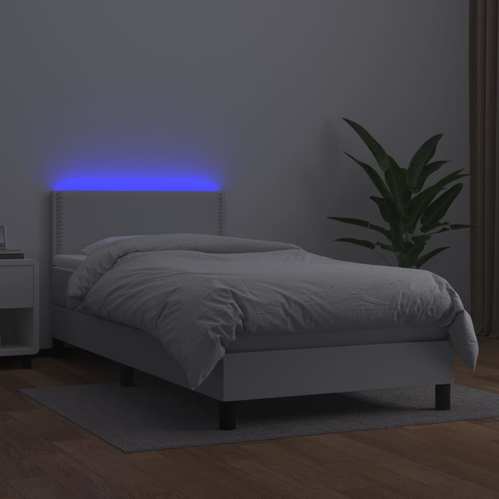 Cama box spring c/ colchão/LED 80x200cm couro artificial branco