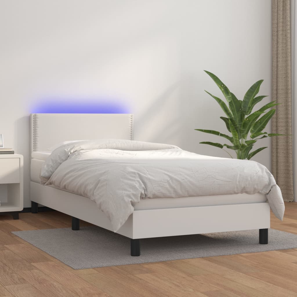 Cama box spring c/ colchão/LED 80x200cm couro artificial branco