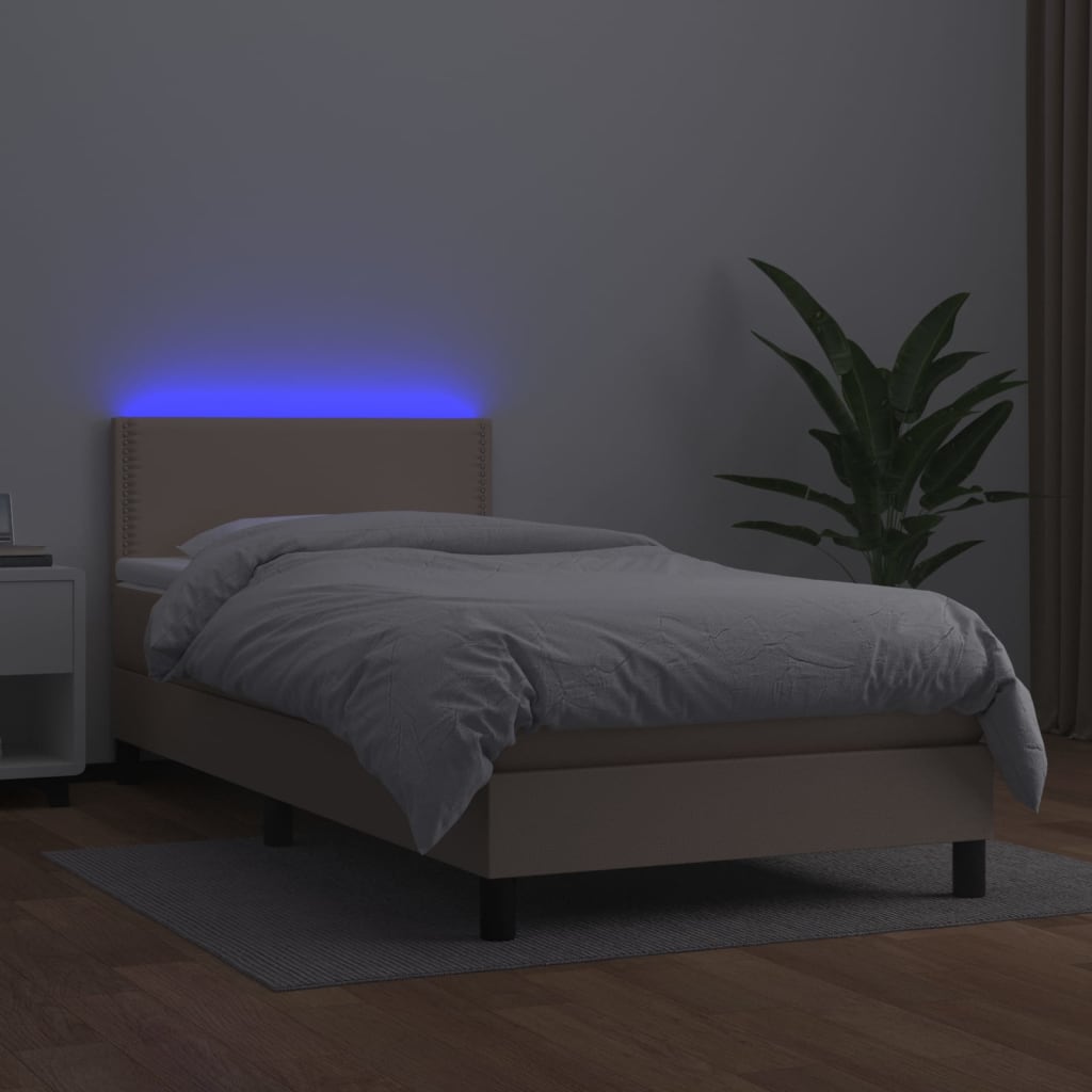 Cama box spring c/ colchão/LED 80x200cm couro artif. cappuccino