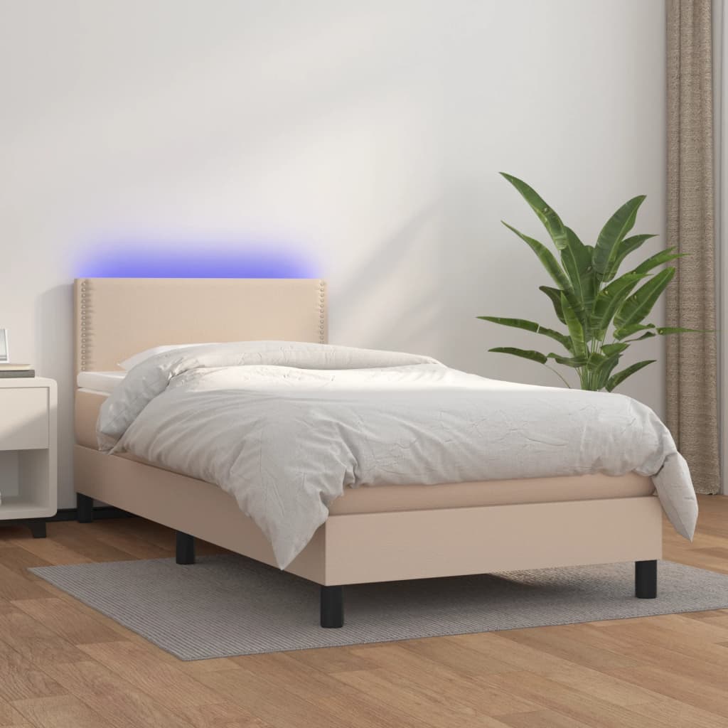 Cama box spring c/ colchão/LED 80x200cm couro artif. cappuccino