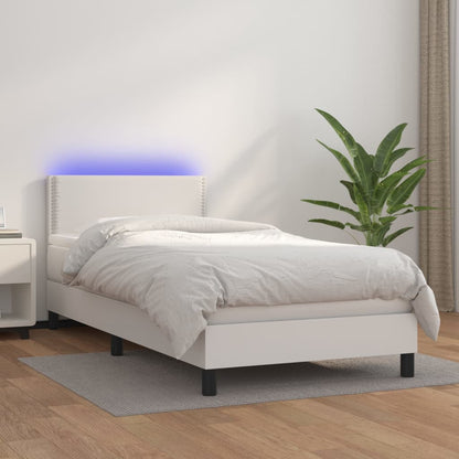 Cama box spring c/colchão/LED 100x200cm couro artificial branco