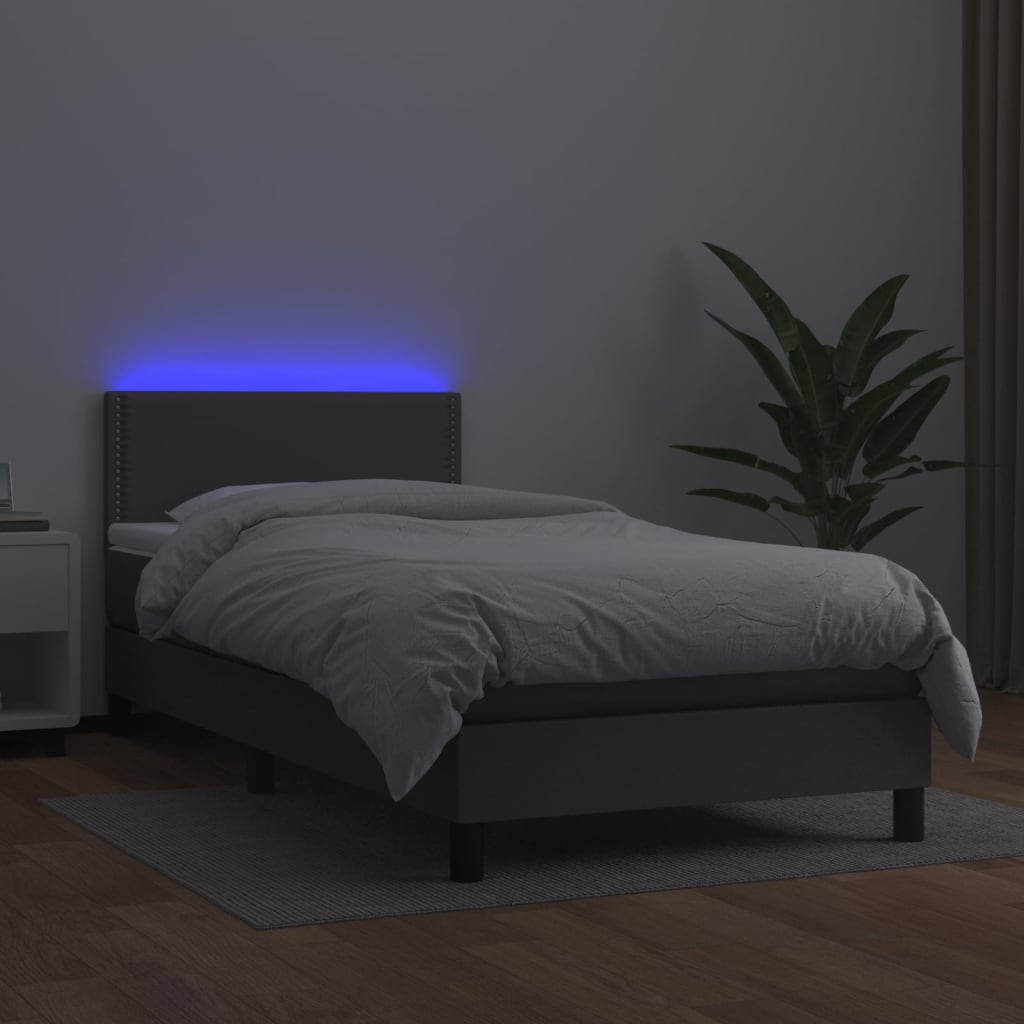 Cama box spring c/ colchão/LED 100x200cm couro artificial cinza