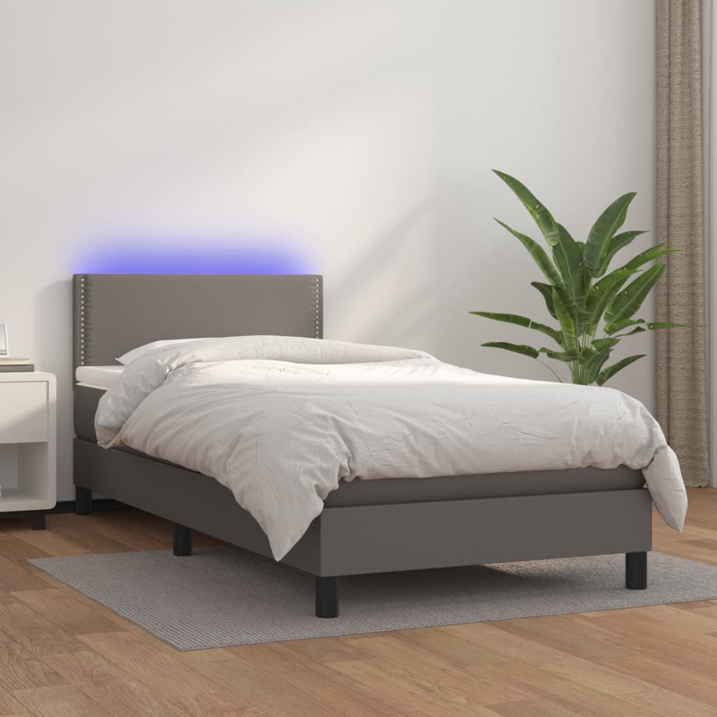 Cama box spring c/ colchão/LED 100x200cm couro artificial cinza