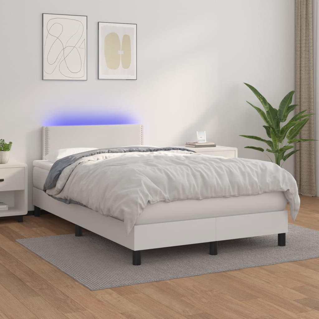 Cama box spring c/colchão/LED 120x200cm couro artificial branco