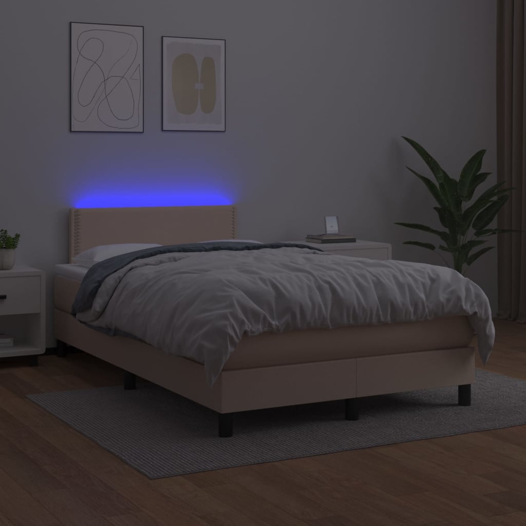 Cama box spring c/colchão/LED 120x200cm couro artif. cappuccino