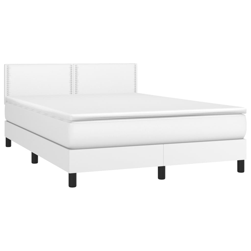 Cama box spring c/colchão/LED 140x190cm couro artificial branco