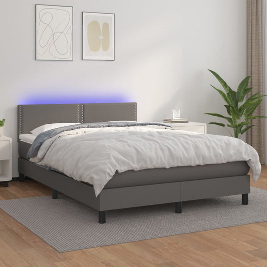 Cama box spring c/ colchão/LED 140x190cm couro artificial cinza