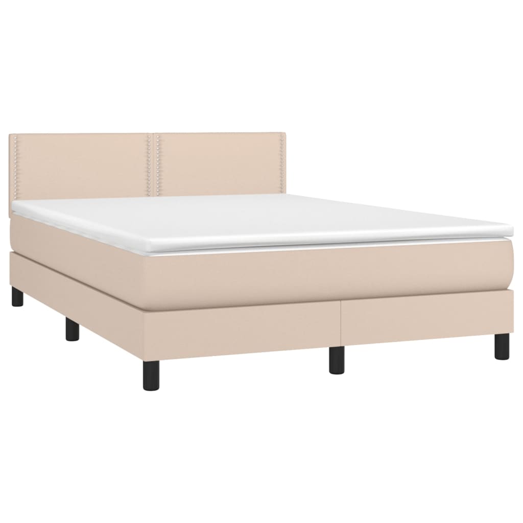 Cama box spring c/colchão/LED 140x190cm couro artif. cappuccino