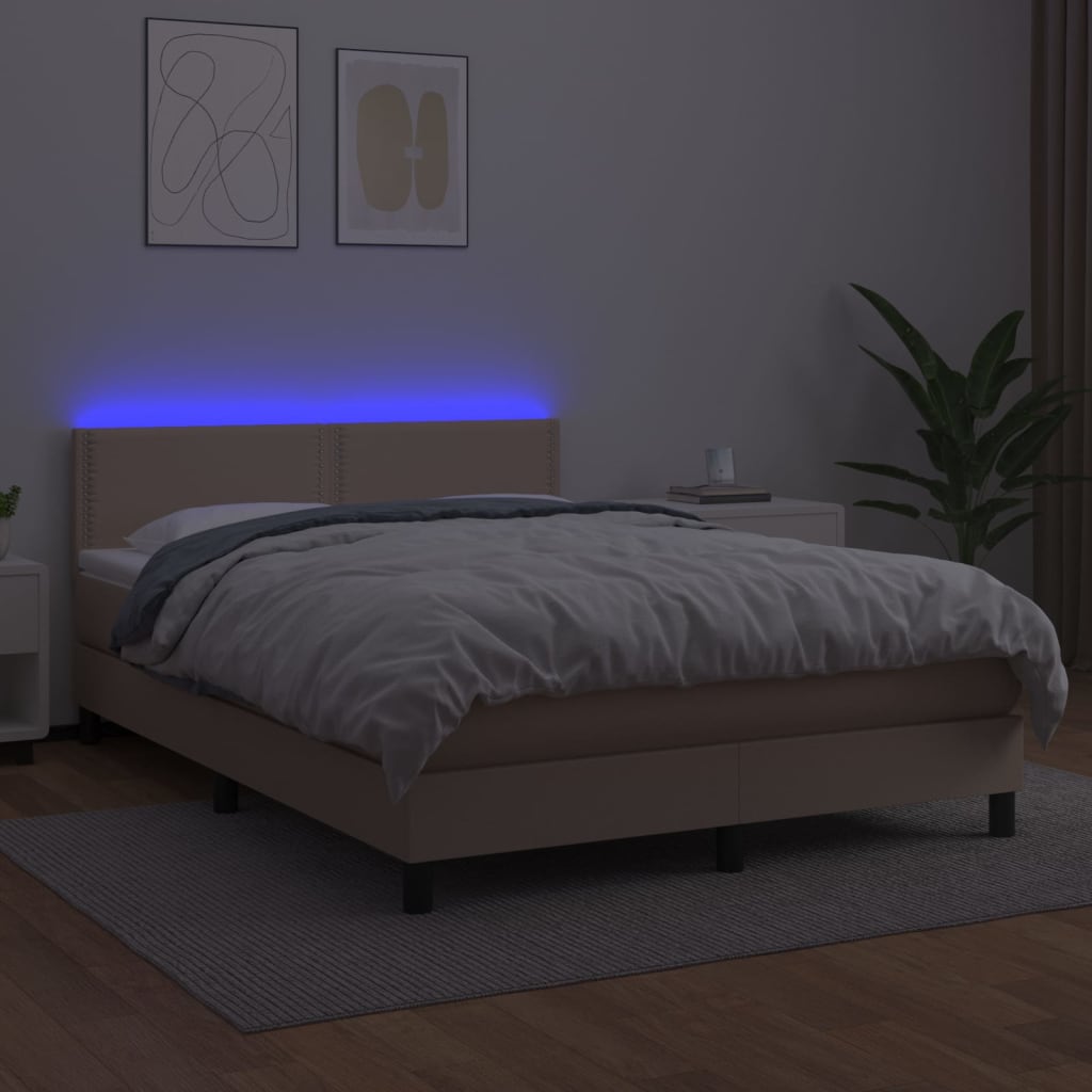 Cama box spring c/colchão/LED 140x190cm couro artif. cappuccino