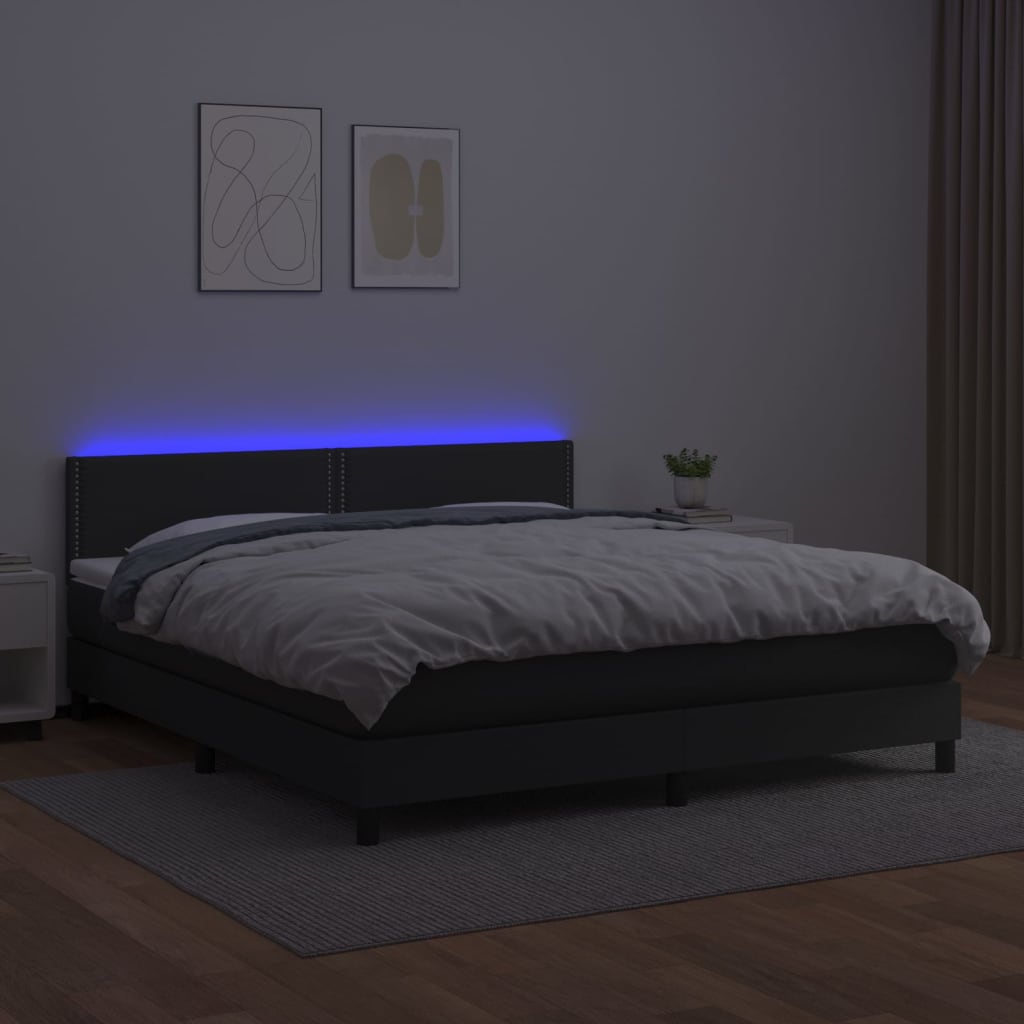 Cama box spring c/ colchão/LED 160x200cm couro artificial preto