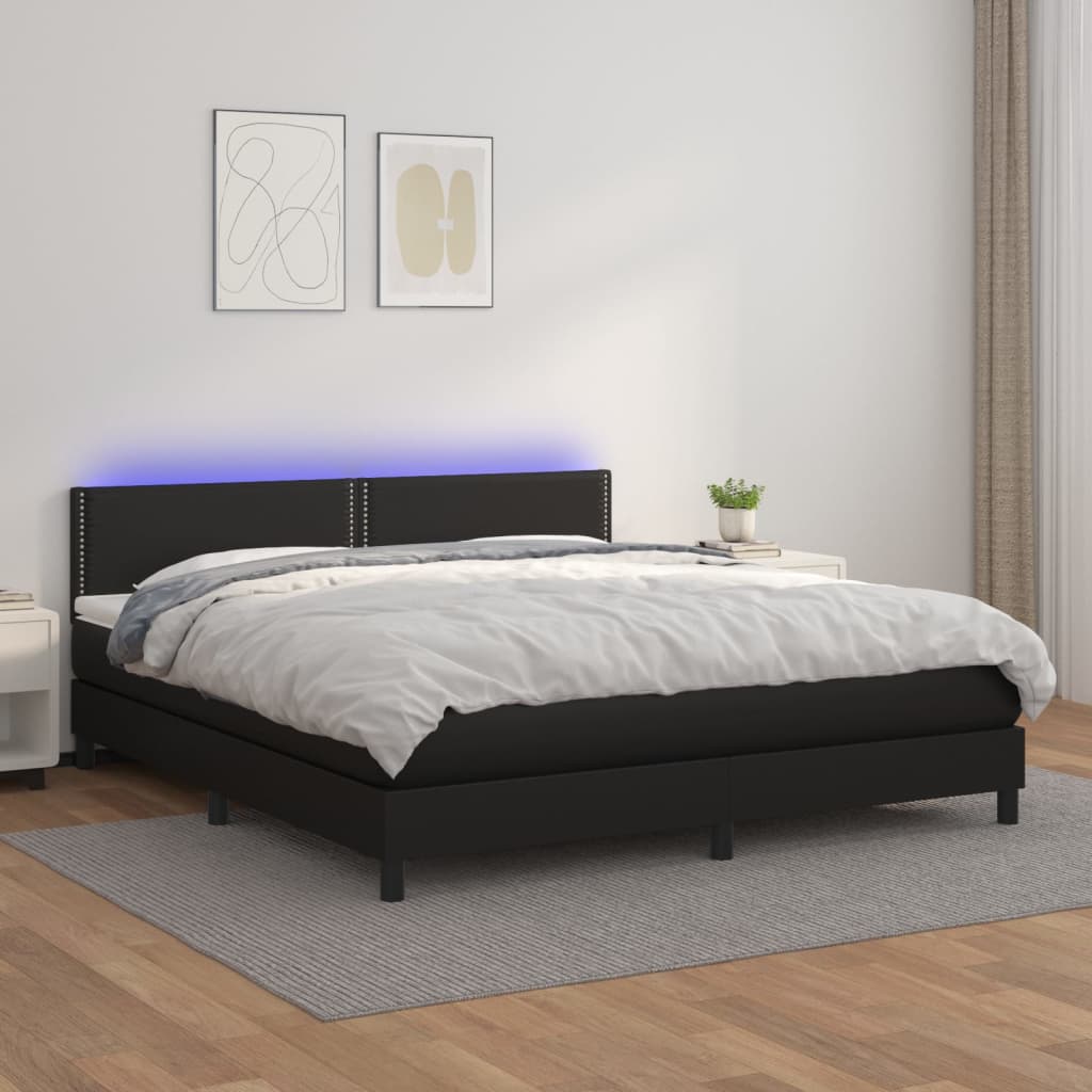 Cama box spring c/ colchão/LED 160x200cm couro artificial preto