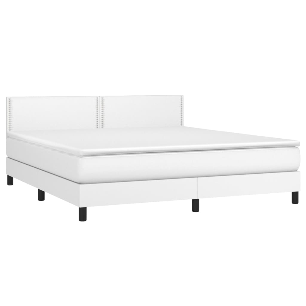 Cama box spring c/colchão/LED 160x200cm couro artificial branco