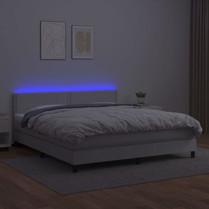 Cama box spring c/colchão/LED 160x200cm couro artificial branco