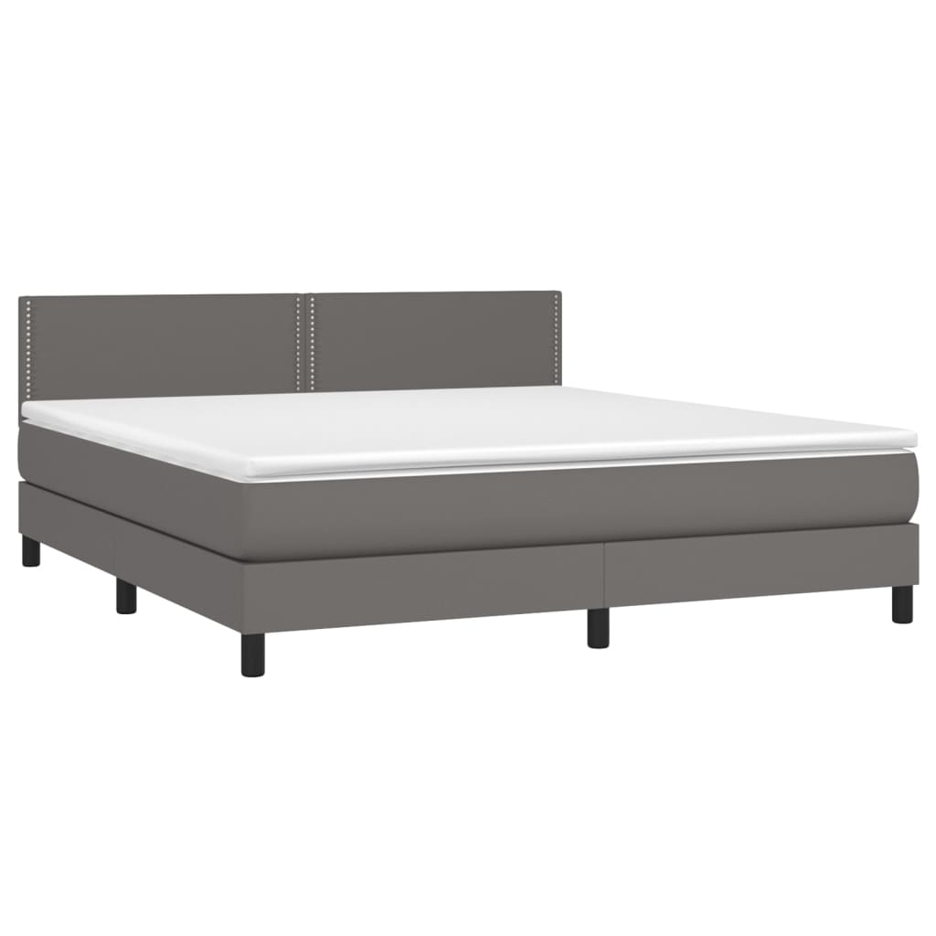 Cama box spring c/ colchão/LED 160x200cm couro artificial cinza