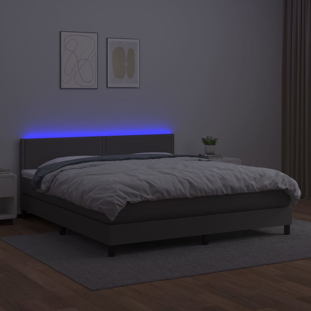 Cama box spring c/ colchão/LED 160x200cm couro artificial cinza