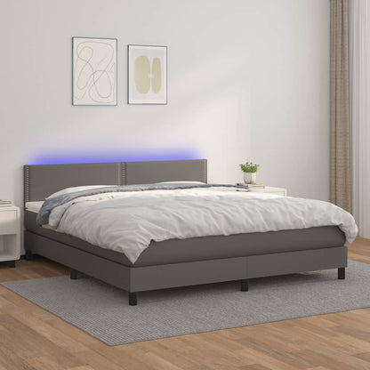 Cama box spring c/ colchão/LED 160x200cm couro artificial cinza