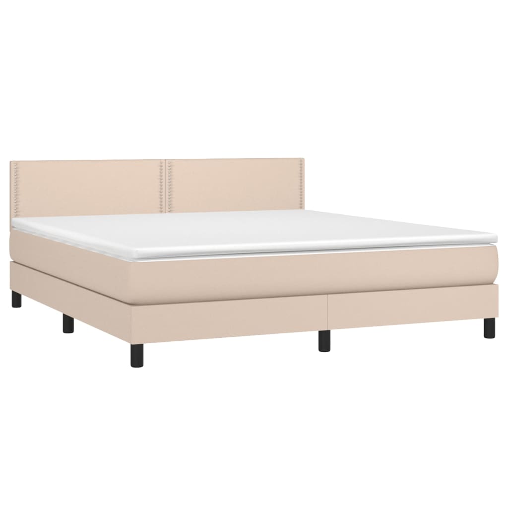 Cama box spring c/colchão/LED 160x200cm couro artif. cappuccino