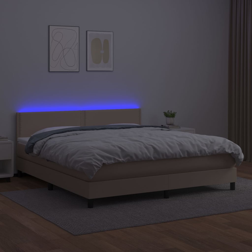 Cama box spring c/colchão/LED 160x200cm couro artif. cappuccino